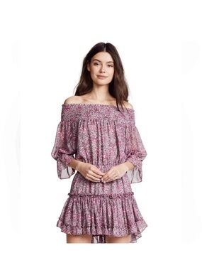 Misa Los Angeles Off Shoulder Pink Purple Floral Print Tiered Mini Dress
